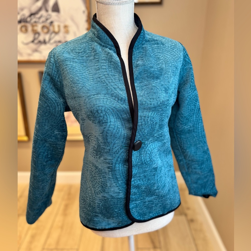 TRIMDIN Deep Teal Textured Reversible Jacket with Stand-Up Collar
